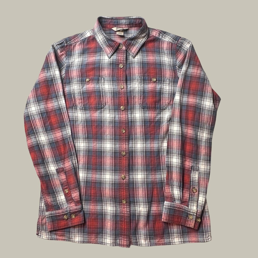 Duluth Trading Co Shirt Womens S Red Blue Plaid Cotton Button Down Long Sleeve